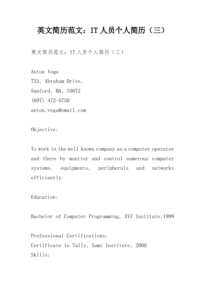 英文简历范文：IT人员个人简历（三）