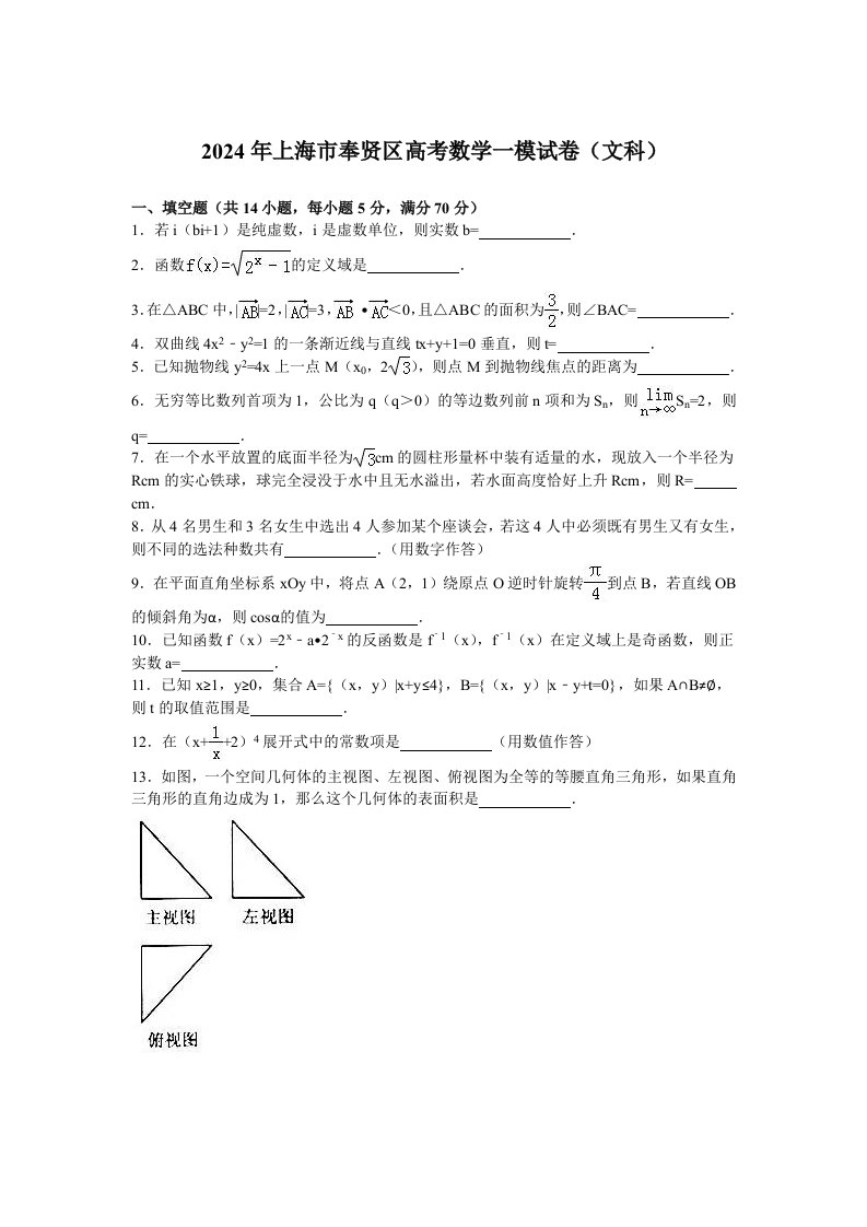 2024年上海市奉贤区高考数学一模试卷文科含答案解析