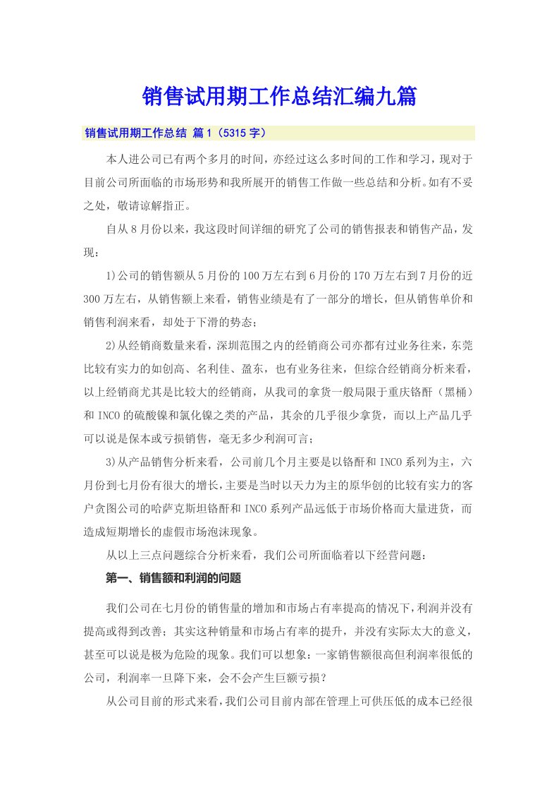 销售试用期工作总结汇编九篇