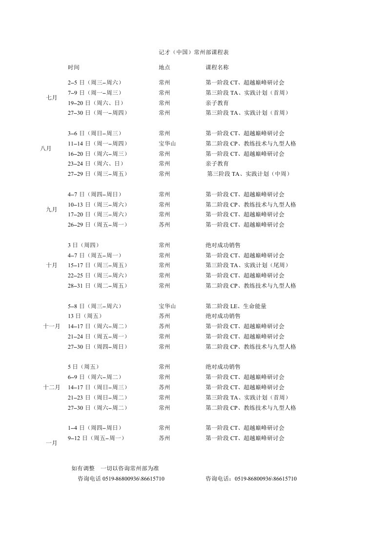 记才(中国)常州部课程表