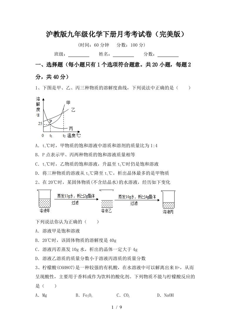 沪教版九年级化学下册月考考试卷完美版