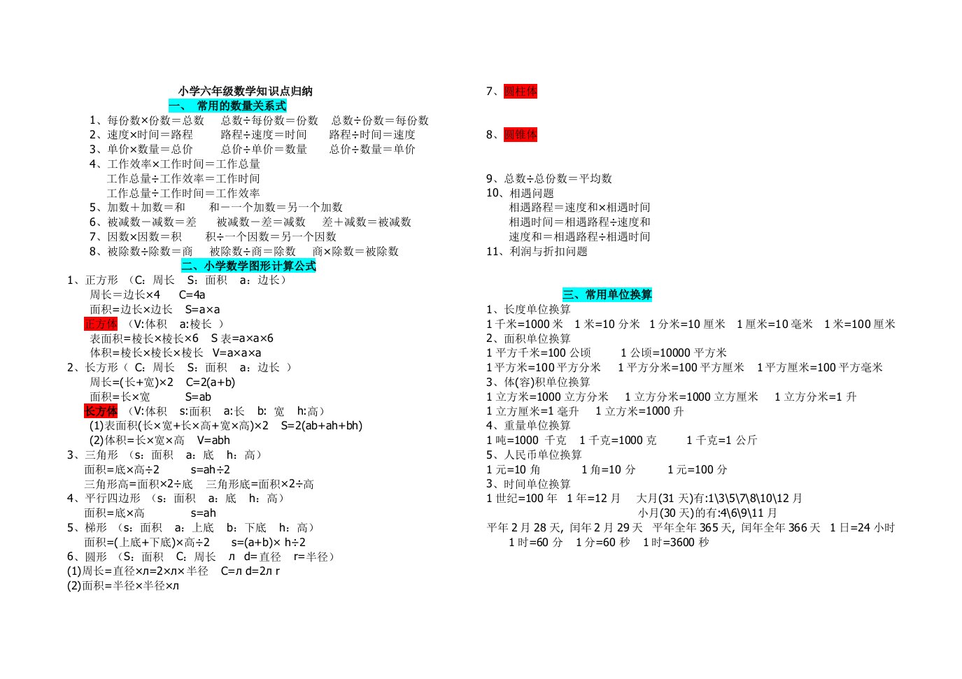 新北师大版小学六年级数学总复习知识点归纳