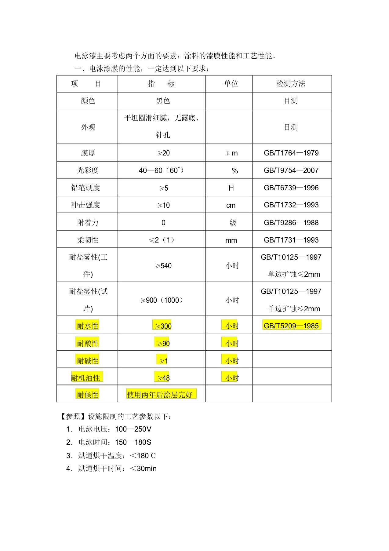 电泳漆技术标准