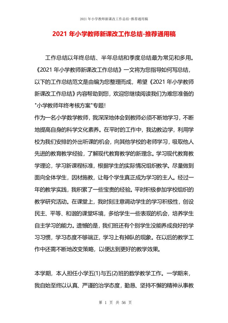 2021年小学教师新课改工作总结