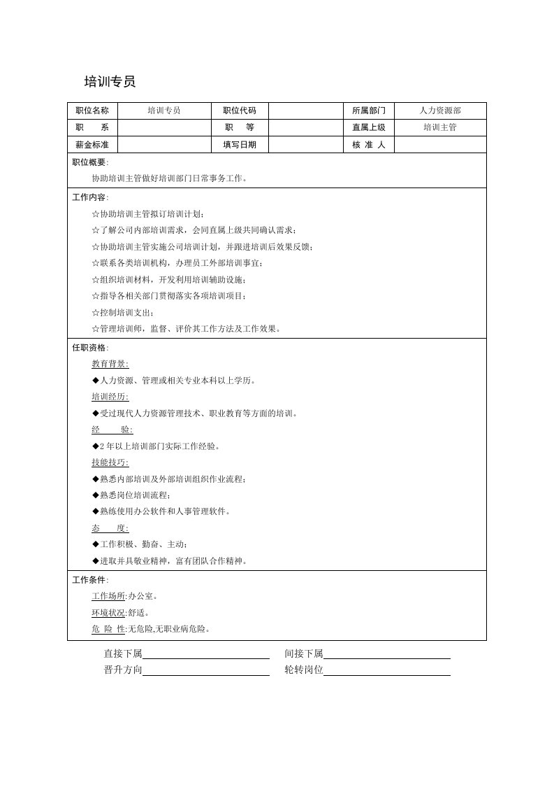 岗位职责-适用于中小企业培训专员的岗位说明书