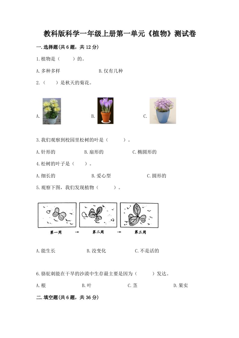 教科版科学一年级上册第一单元《植物》测试卷（真题汇编）