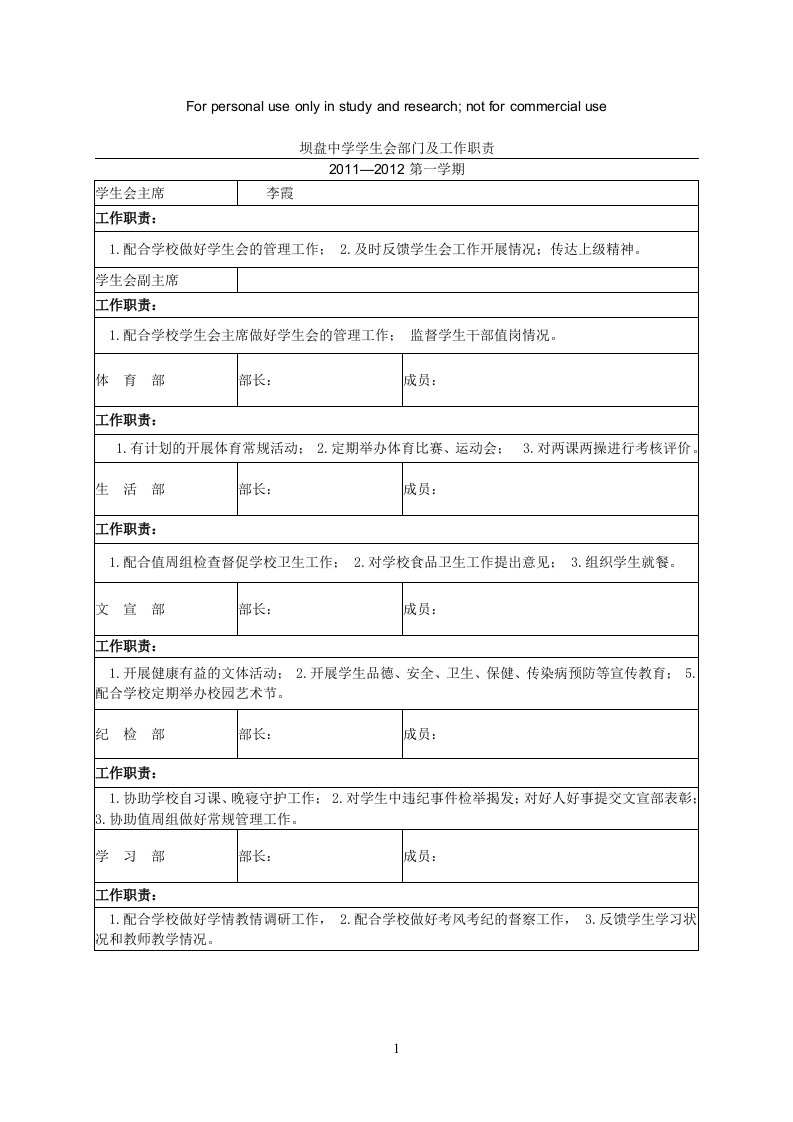 坝盘中学学生会部门及工作职责供参考学习