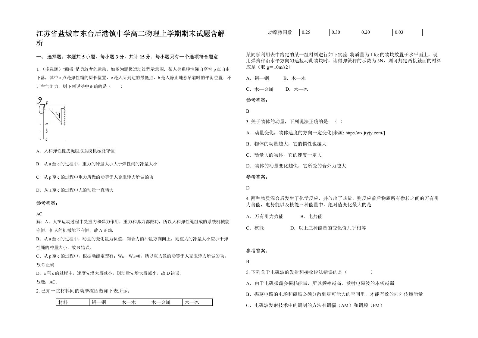 江苏省盐城市东台后港镇中学高二物理上学期期末试题含解析