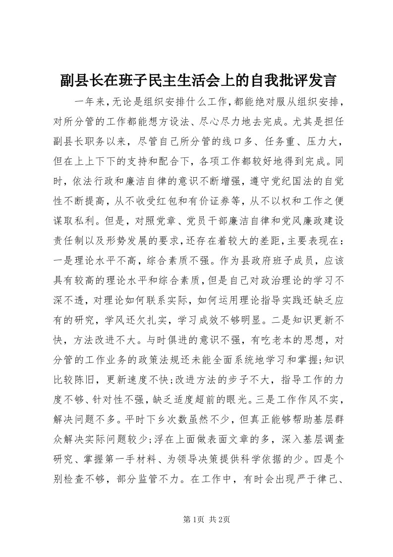 副县长在班子民主生活会上的自我批评讲话