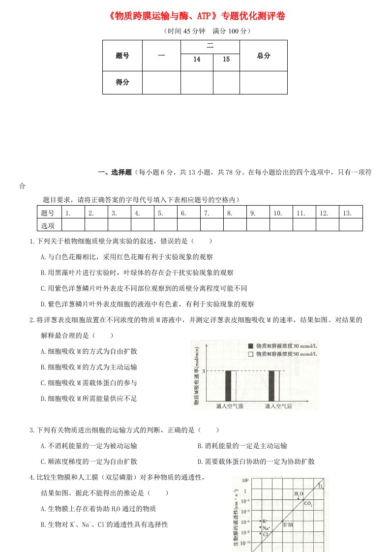 2021年高考生物专题强化练习卷物质跨膜运输与酶ATP新人教版