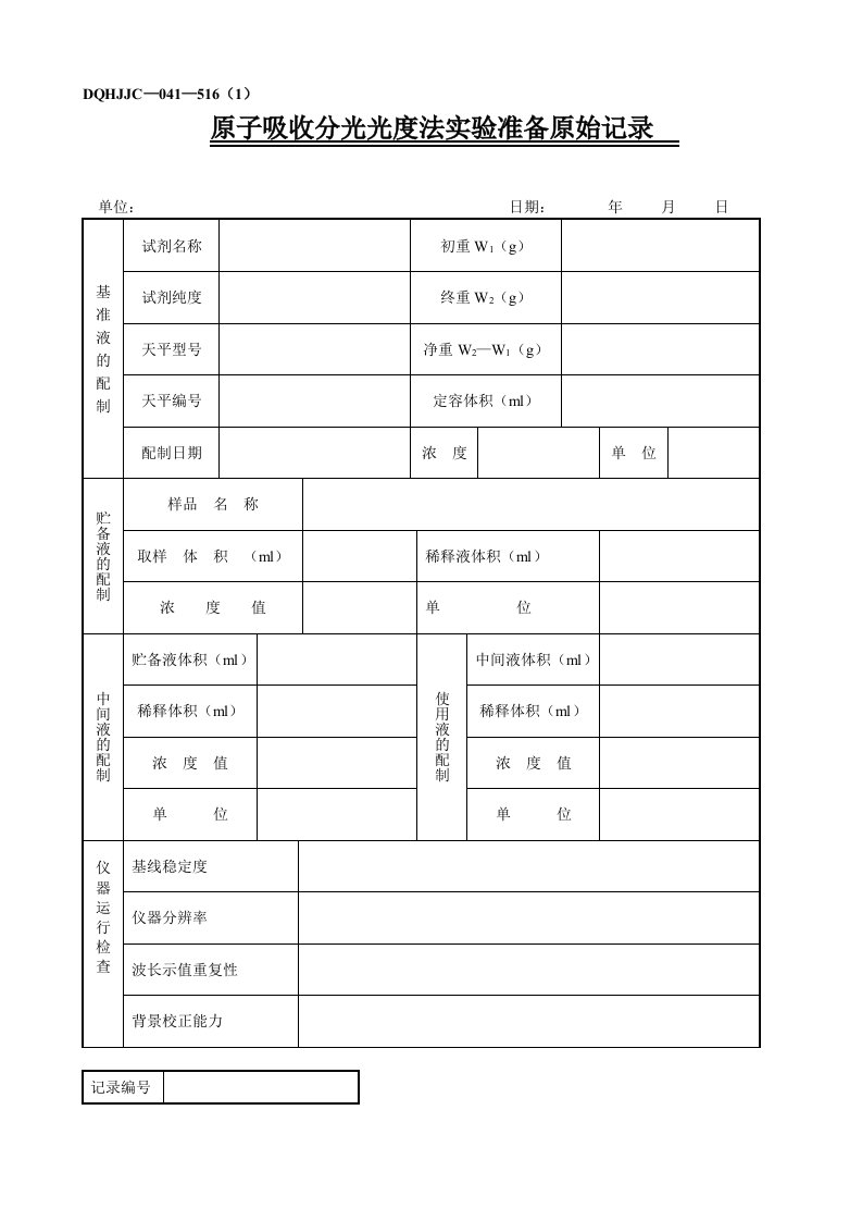 原子吸收分光光度法实验准备原始记录