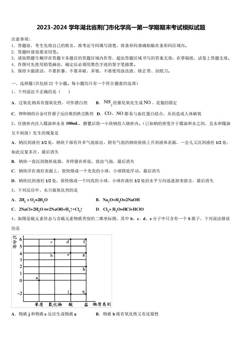 2023-2024学年湖北省荆门市化学高一第一学期期末考试模拟试题含解析6712