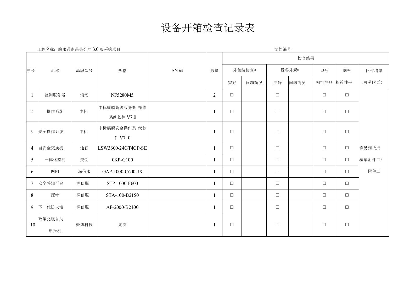 3、设备开箱检查记录表