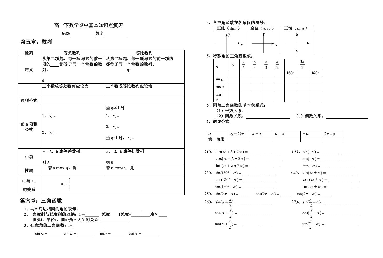 中职数学高一下期中基本知识点复习