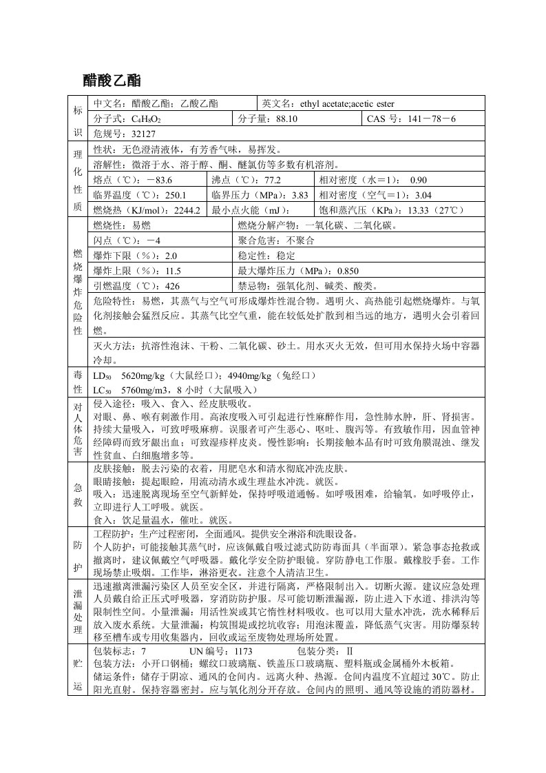 醋酸乙酯(MSDS)安全技术说明书