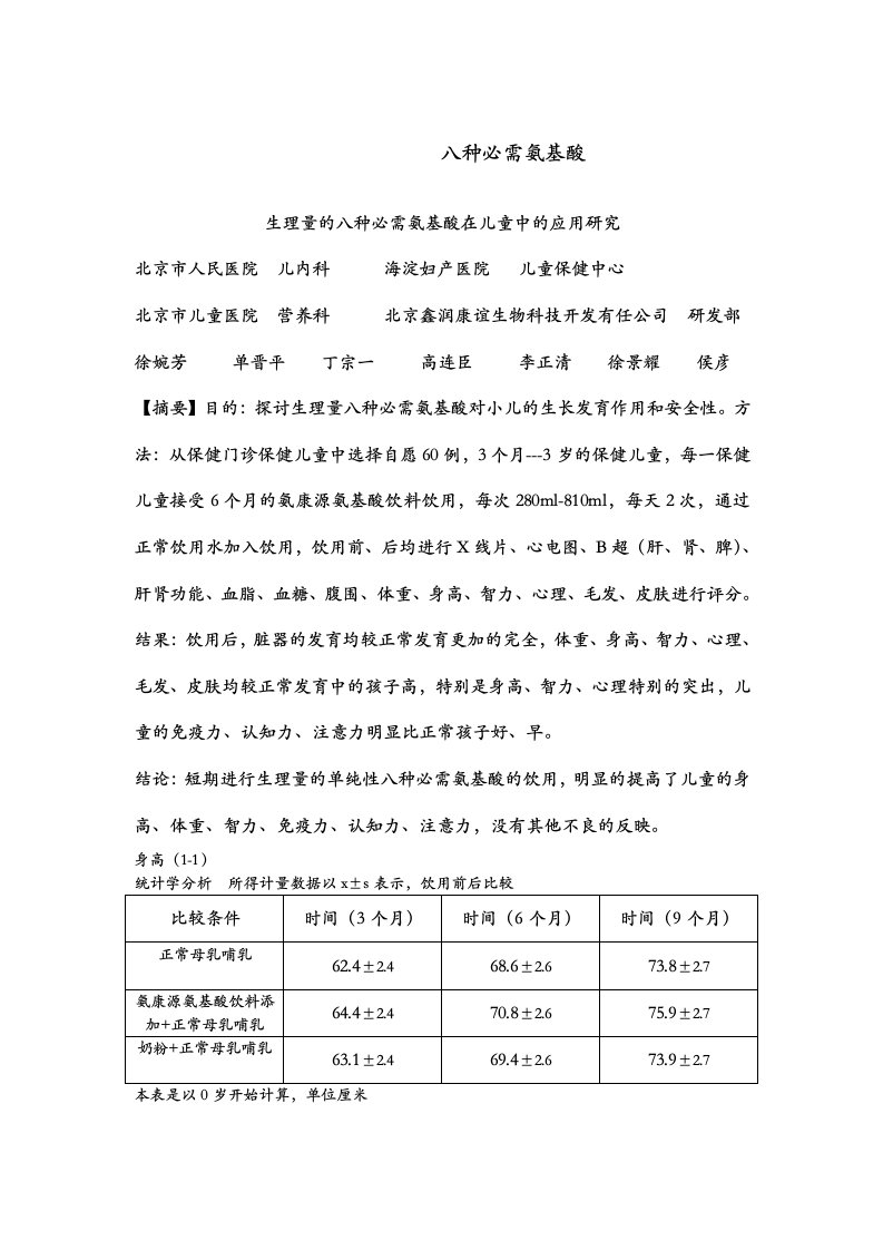 八种必需氨基酸对生长发育儿童的作用