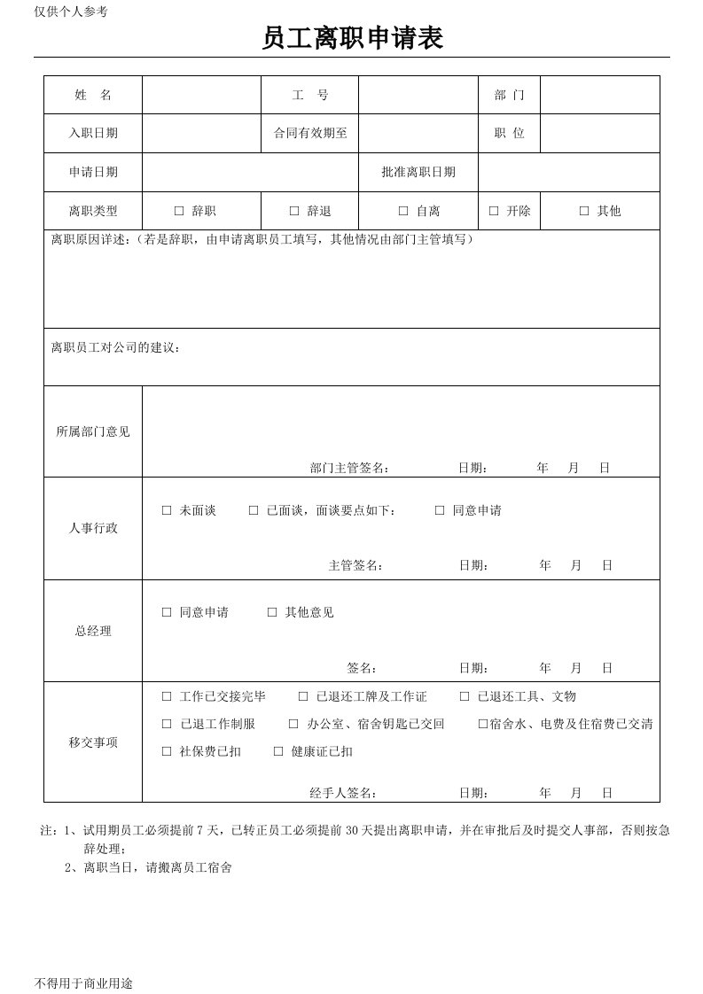 餐饮员工离职申请表