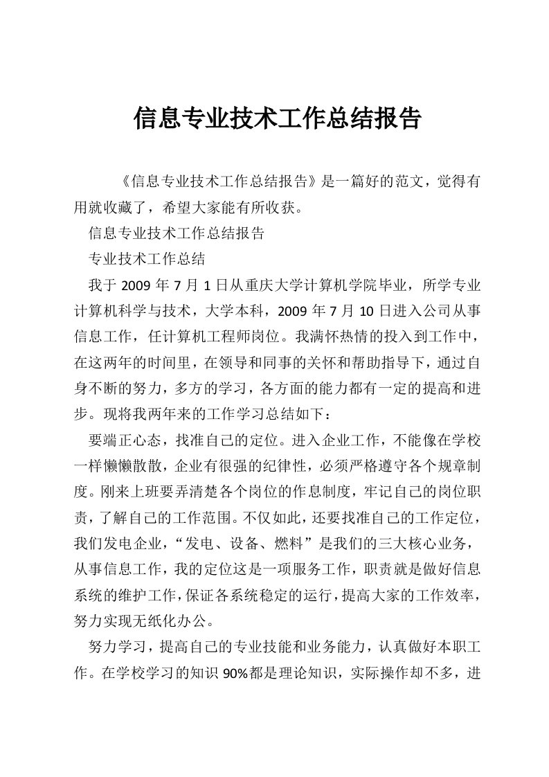 信息专业技术工作总结报告