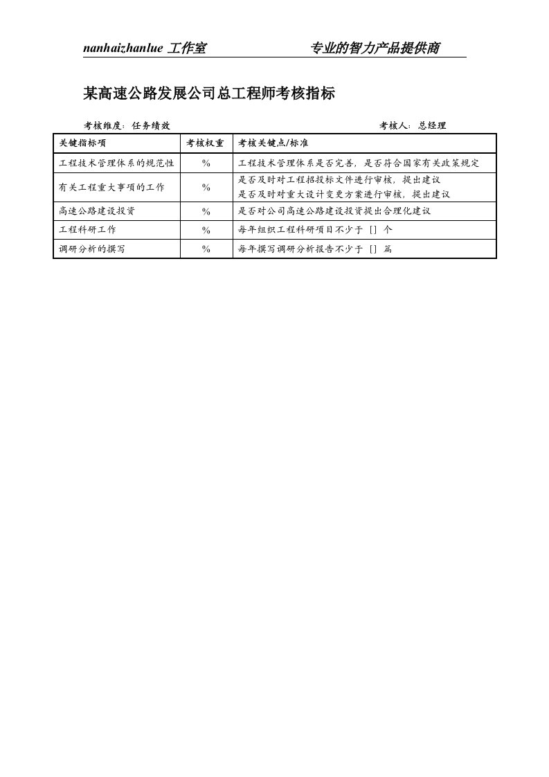 某高速公路发展公司总工程师考核指标