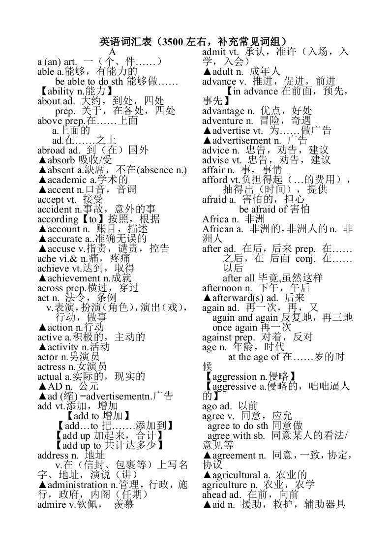 湖北省高考英语词汇表(3500左右补充常见词组)