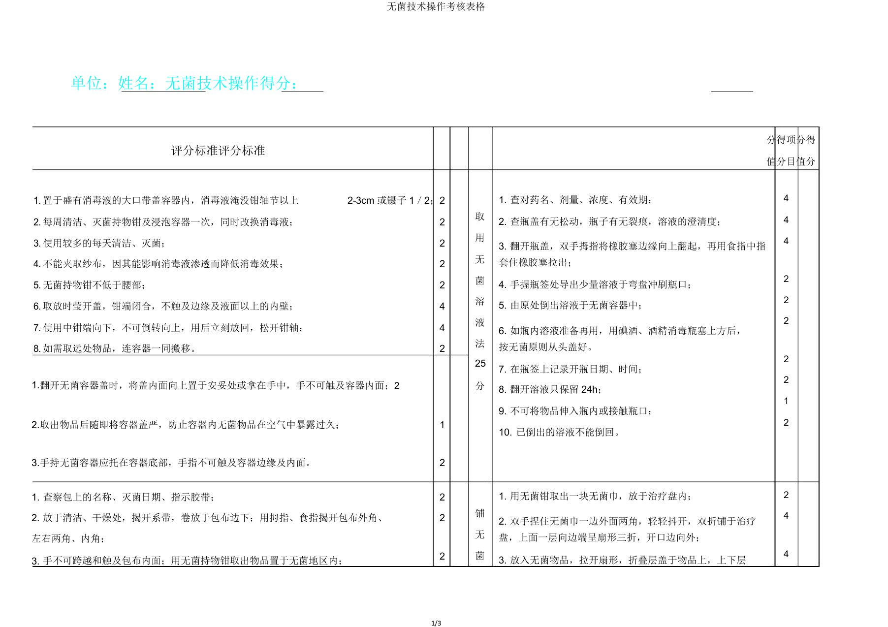 无菌技术操作考核表格