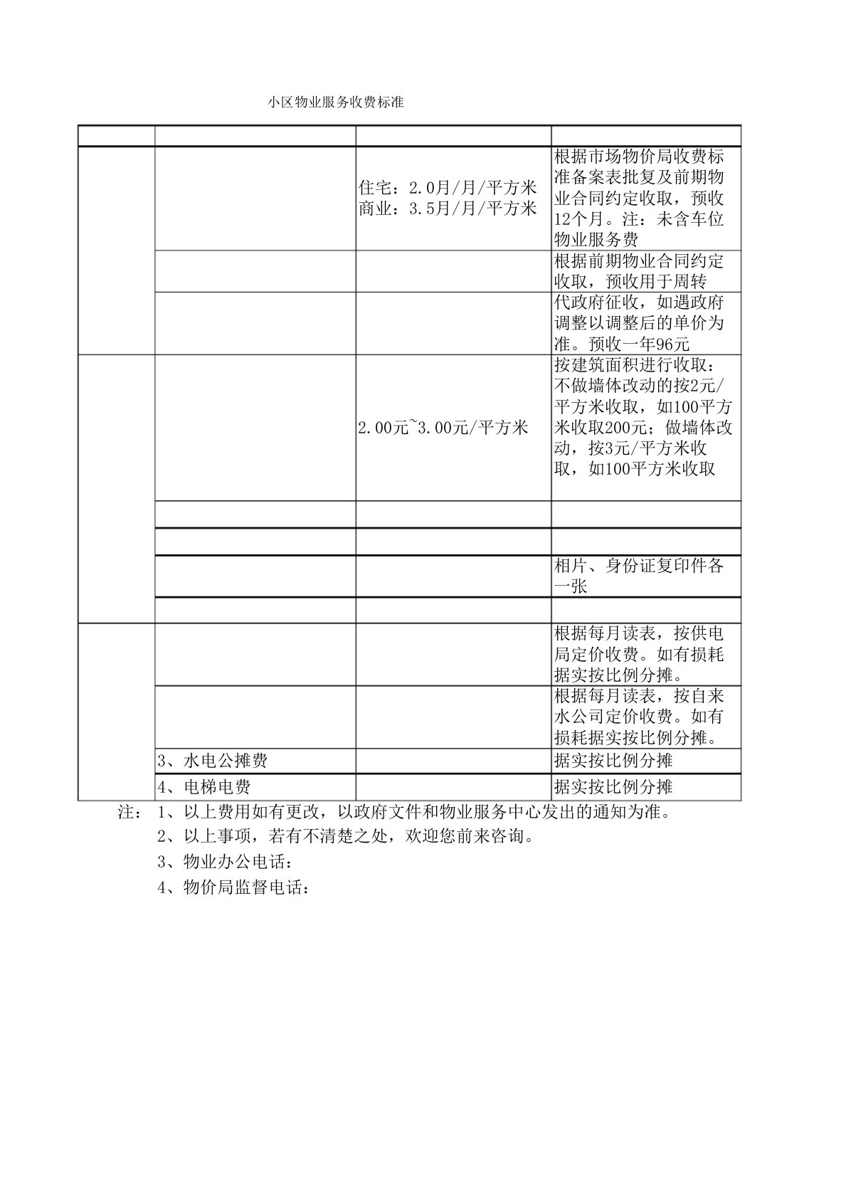 物业经营文档-小区物业收费标准