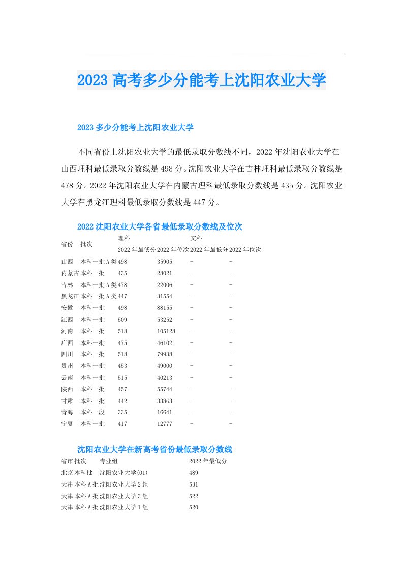 高考多少分能考上沈阳农业大学