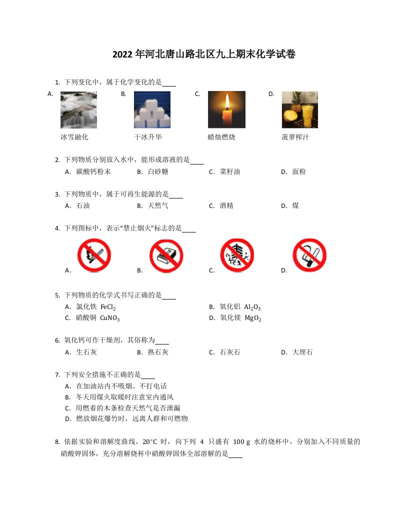 2022年河北唐山路北区九年级上学期期末化学试卷（含答案）