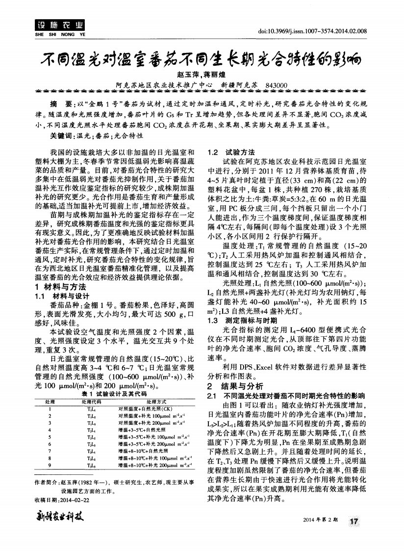 不同温光对温室番茄不同生长期光合特性的影响