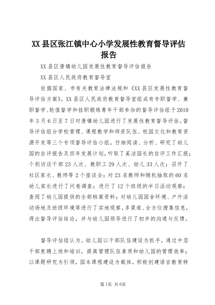 XX县区张江镇中心小学发展性教育督导评估报告