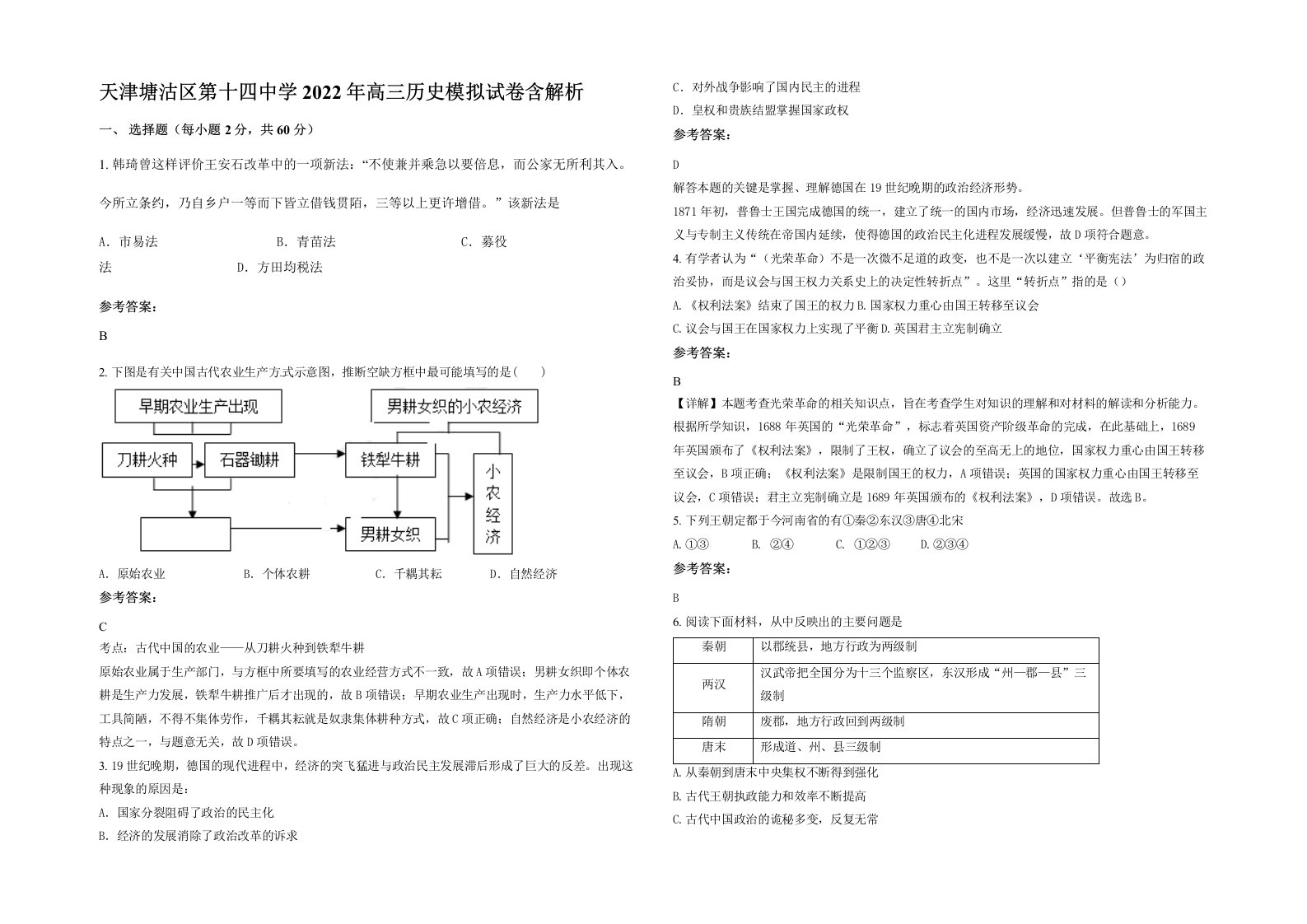 天津塘沽区第十四中学2022年高三历史模拟试卷含解析