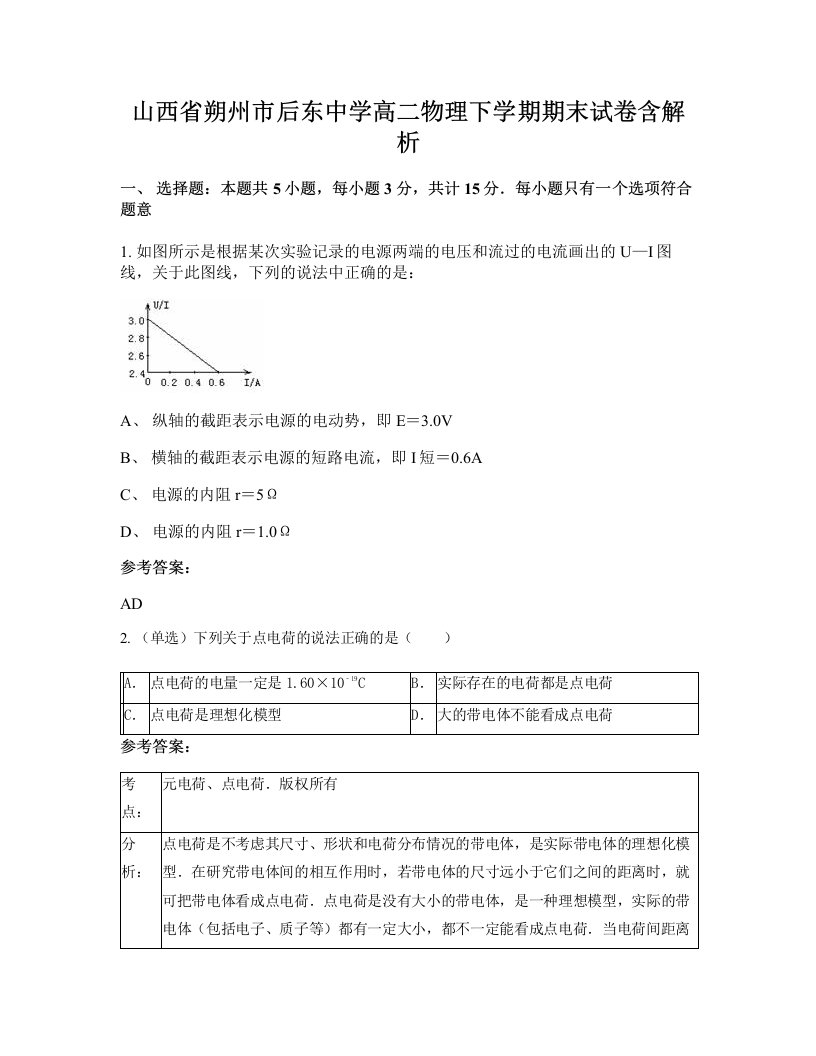 山西省朔州市后东中学高二物理下学期期末试卷含解析