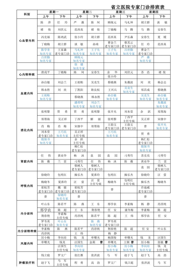 安徽省立医院门诊排班表