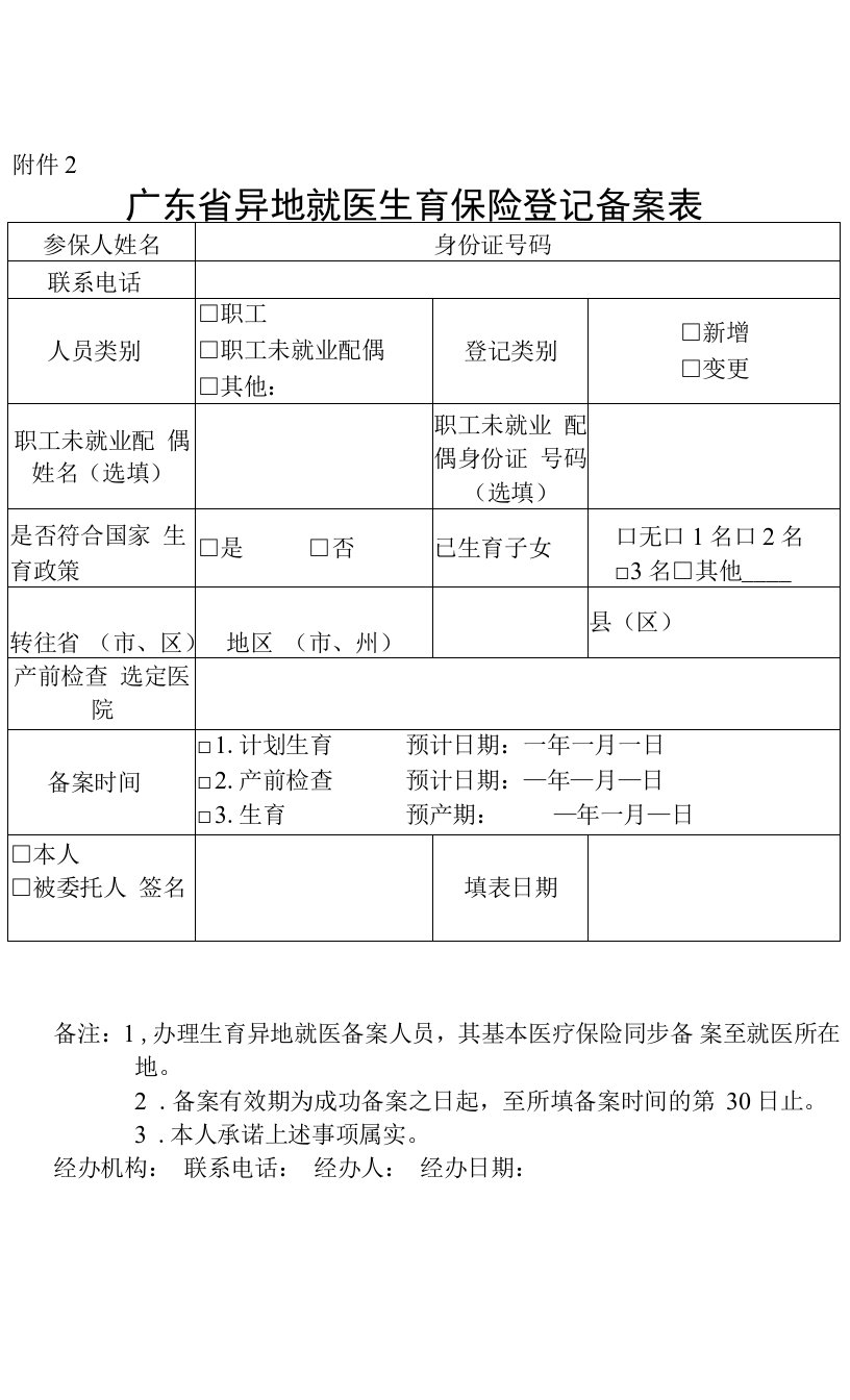 广东省异地就医生育保险登记备案表