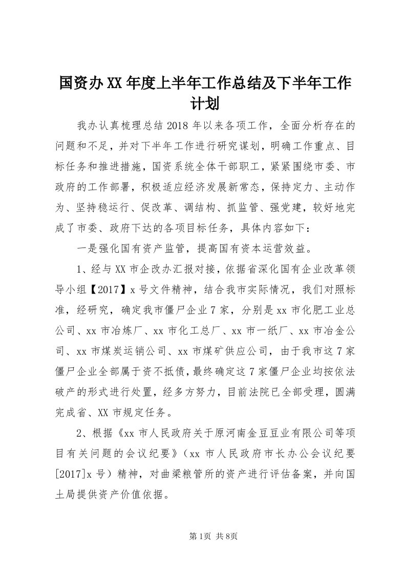 3国资办某年度上半年工作总结及下半年工作计划