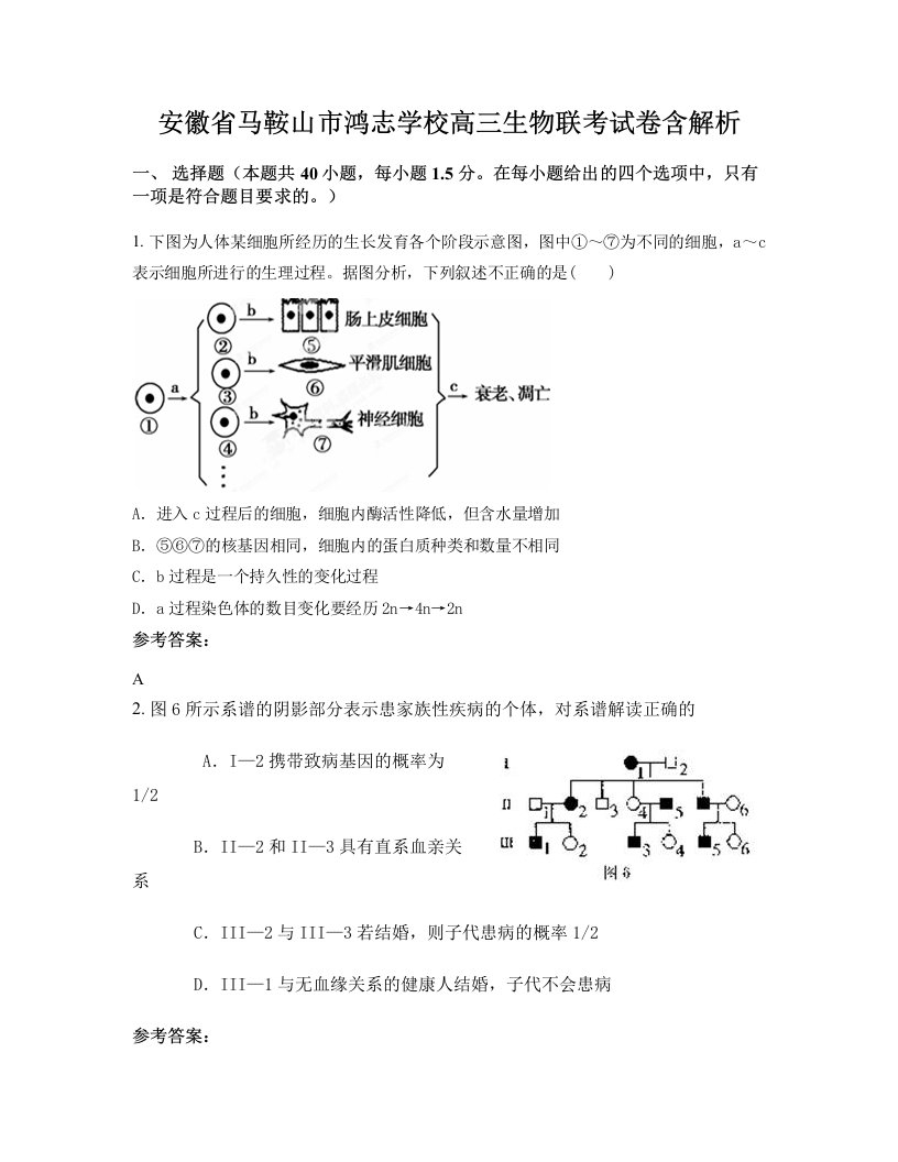 安徽省马鞍山市鸿志学校高三生物联考试卷含解析