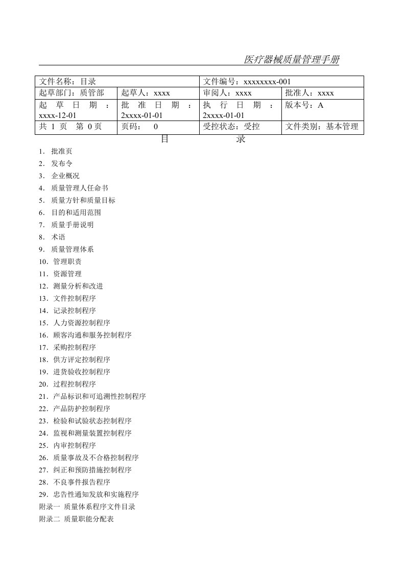 医疗器械质量管理手册