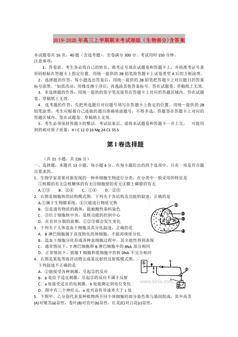 2019-2020年高三上学期期末考试理综（生物部分)含答案