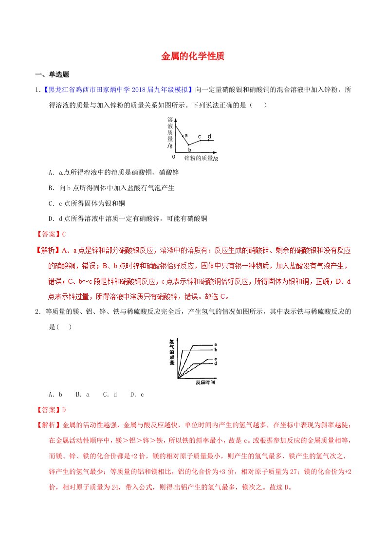 2022年中考化学专题测试专题18金属的化学性质含解析