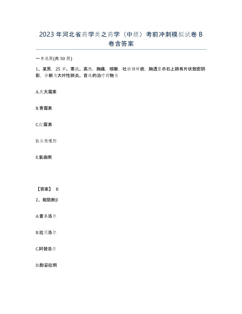 2023年河北省药学类之药学中级考前冲刺模拟试卷B卷含答案