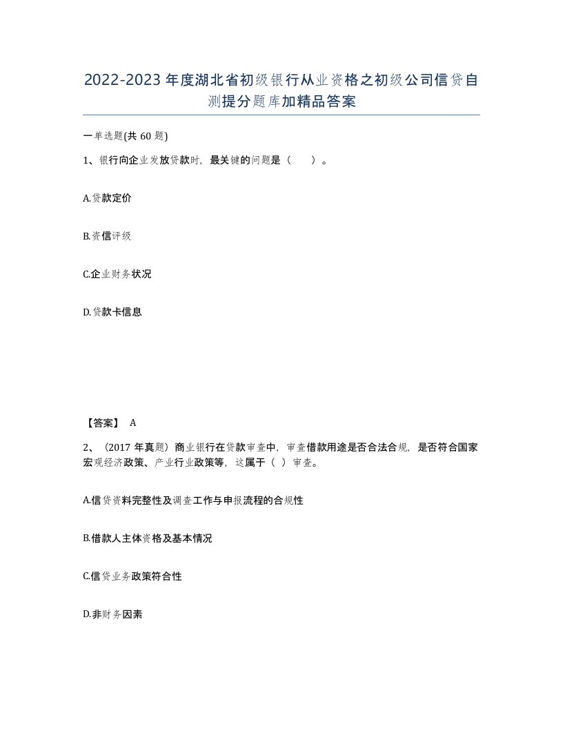 2022-2023年度湖北省初级银行从业资格之初级公司信贷自测提分题库加答案