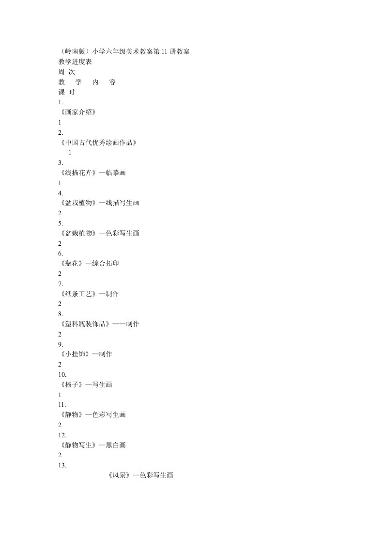 岭南版六年级美术上册全册教案