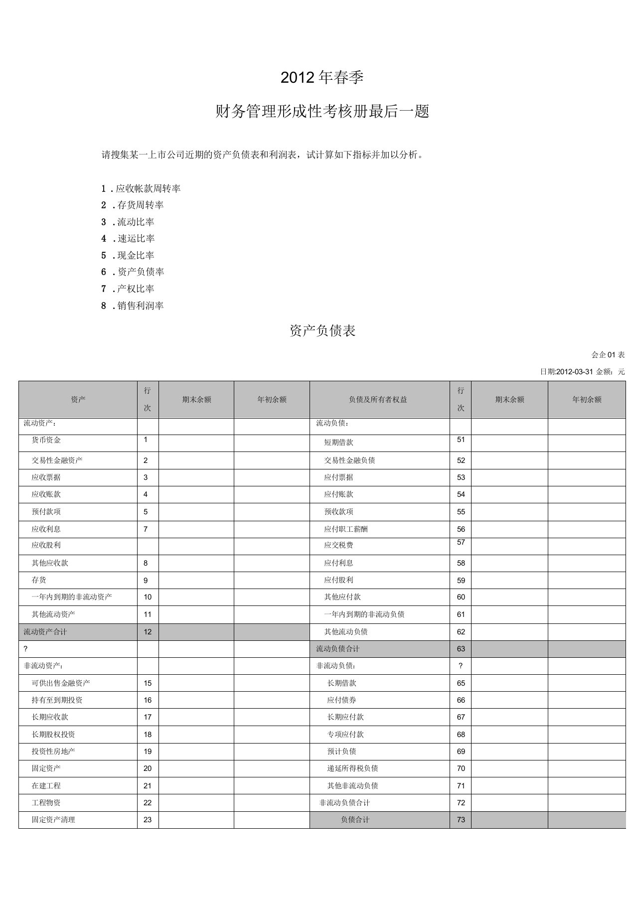 搜集某一上市公司近期的资产负债表和利润表-试计算如下指标并加以分析