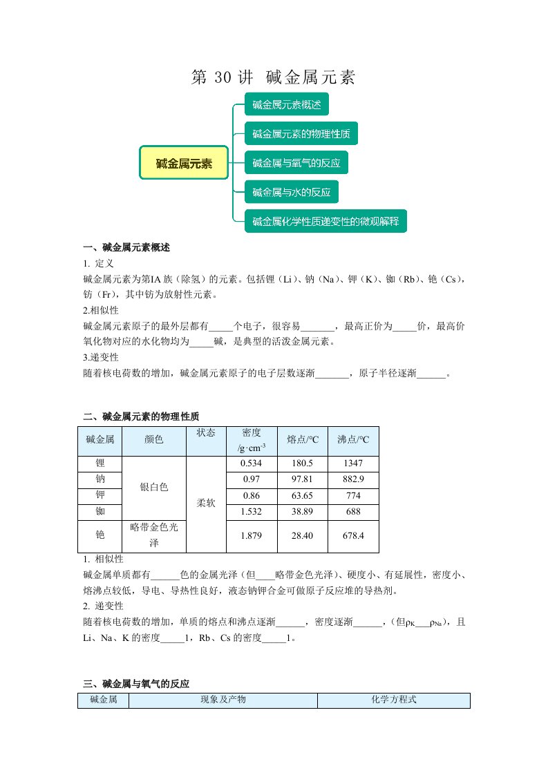 高一化学必修第一册同步精品讲义第30讲碱金属元素例题与练习