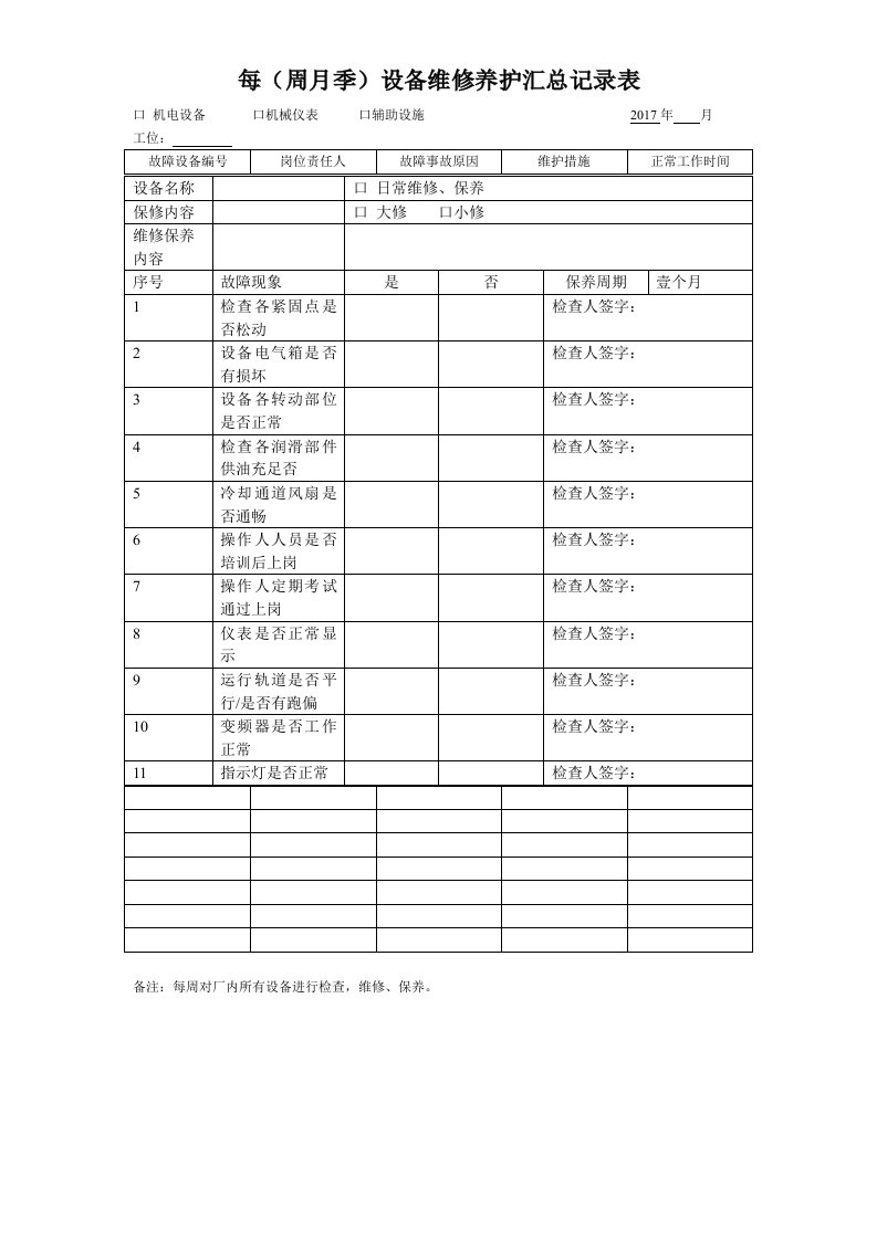 设备维修保养记录表a版