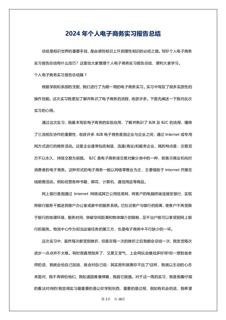 2024年个人电子商务实习报告总结