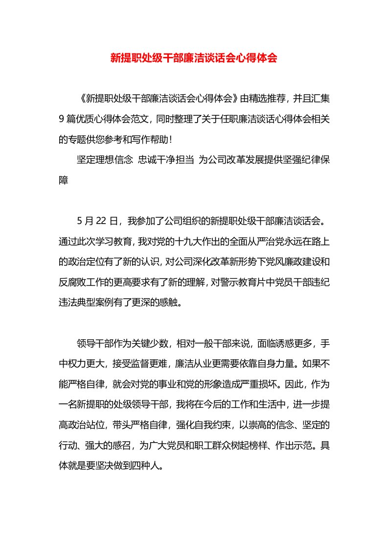 新提职处级干部廉洁谈话会心得体会