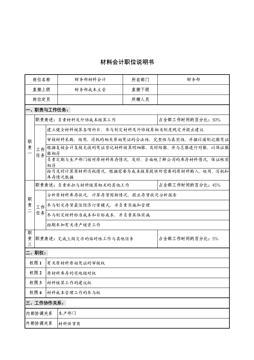 华北光学仪器公司财务部材料会计职位说明书