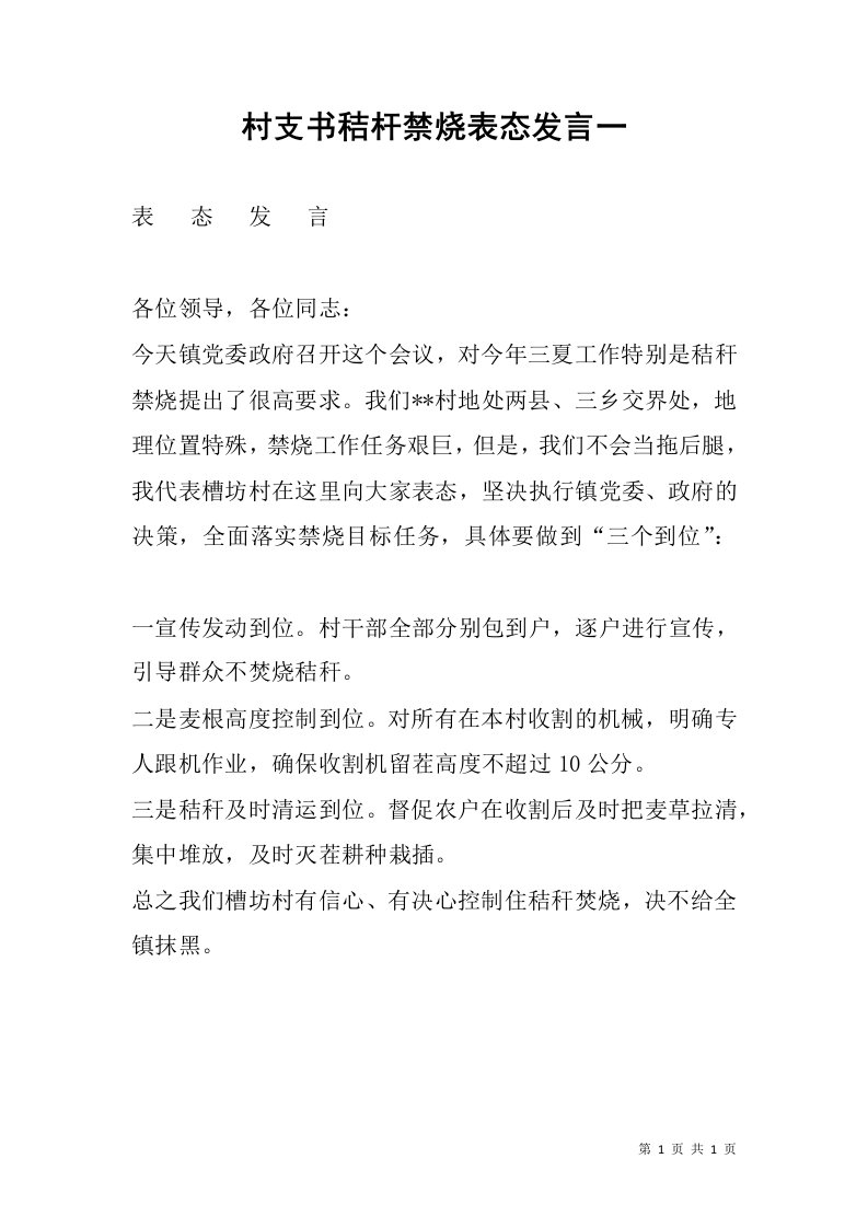 村支书秸杆禁烧表态发言一