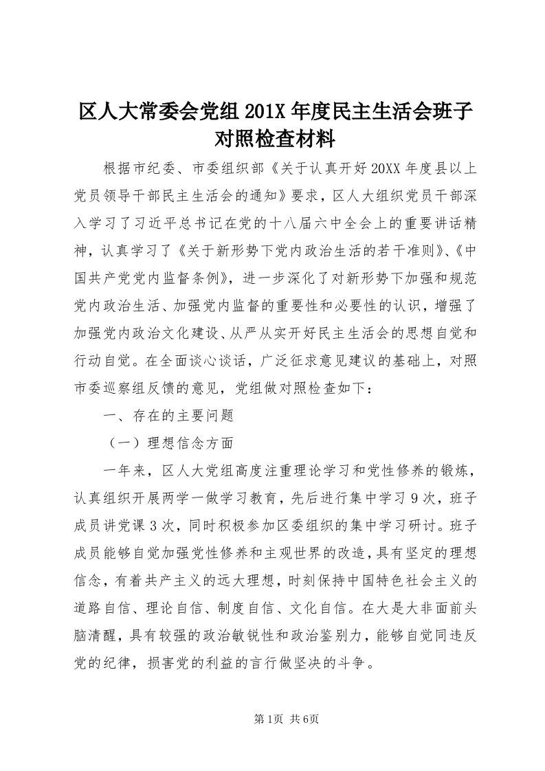 5区人大常委会党组0X年度民主生活会班子对照检查材料